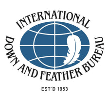 Load image into Gallery viewer, A circular blue globe logo with a white feather silhouette in the center, surrounded by the text "International Down and Feather Bureau" and "EST'D 1953" at the bottom.