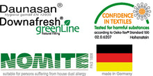 Load image into Gallery viewer, A collection of quality certification logos including Daunasan, Downafresh greenLine, NOMITE, and Oeko-Tex Standard 100, alongside a "made in Germany" flag.