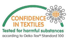 Load image into Gallery viewer, n Oeko-Tex Standard 100 certification seal with a green arc and a flower-shaped globe icon, stating "Confidence in Textiles" and "Tested for harmful substances."