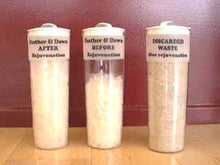 Load image into Gallery viewer, Three glass jars labeled "Feather & Down After Rejuvenation," "Feather & Down Before Rejuvenation," and "Discarded Waste," showing the cleaning results.